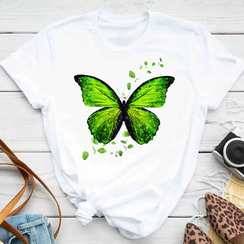 New Blue Butterfly Floral Printed T-Shirt Women's Summer Casual Short Sleeve O-neck Tops 90s Fashion Graphic Female Tops Tees