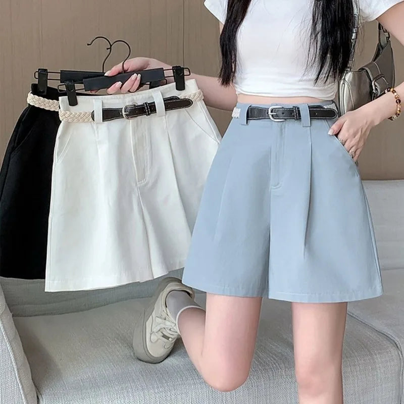 Women's Light Blue High-Waisted Pleated Suit Shorts Belted Casual Trousers with Pockets