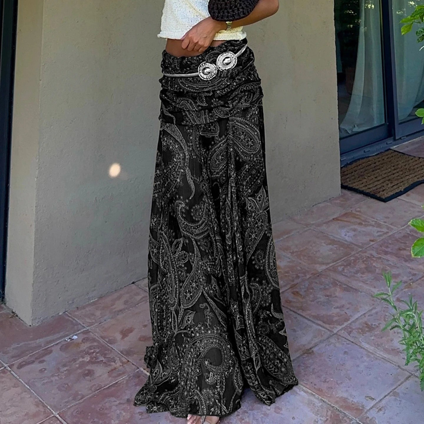 Women's Bohemian Retro Style Cashew Printed Folds With Asymmetric Hem Skirts Summer Holiday Fashion Long Mesh Loose Skirt 2026