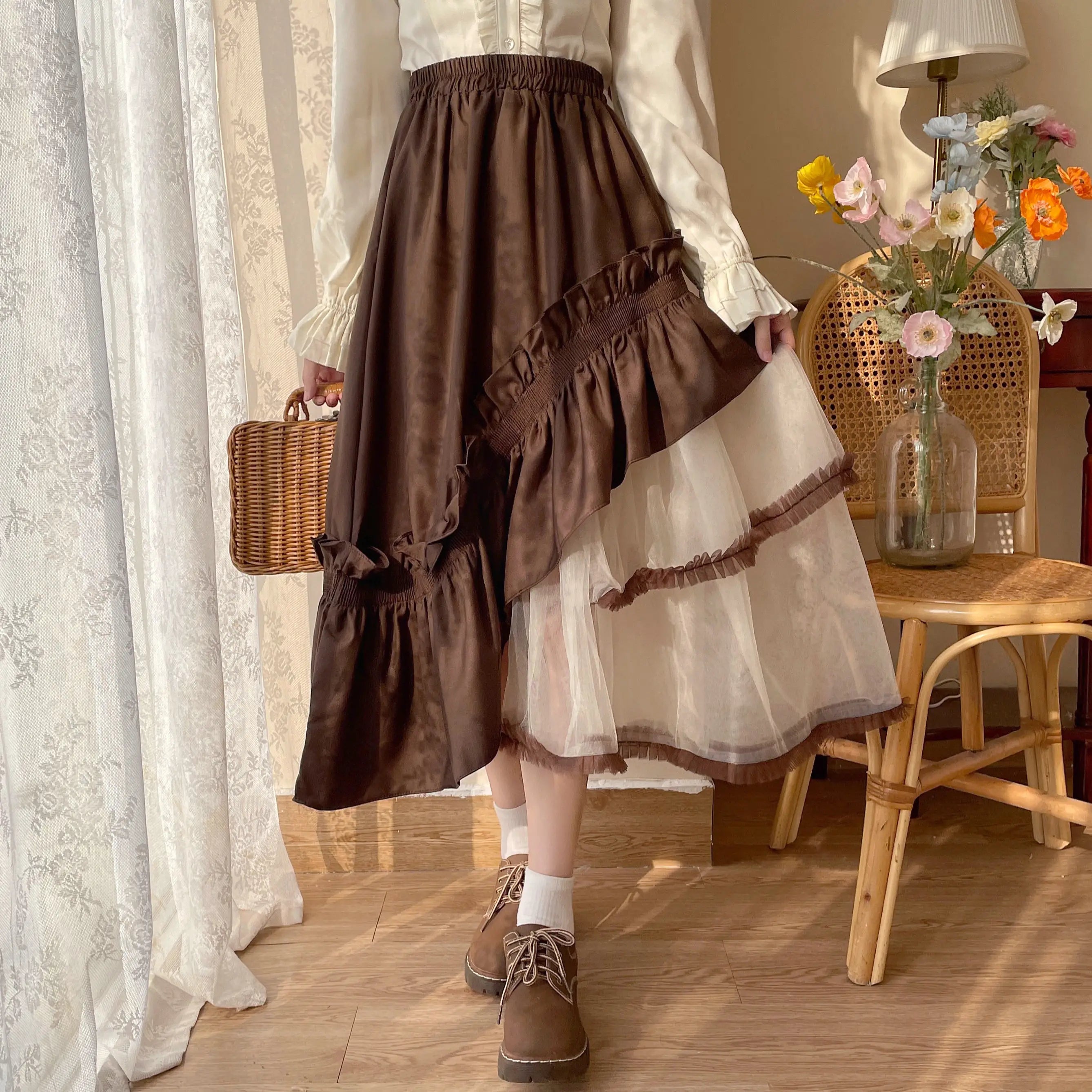Qiukichonson Mid Long Skirt Women 2023 Patchwork Mesh Lolita Spring Summer High Waisted Ruffles Asymmetrical Maxi Skirt rok