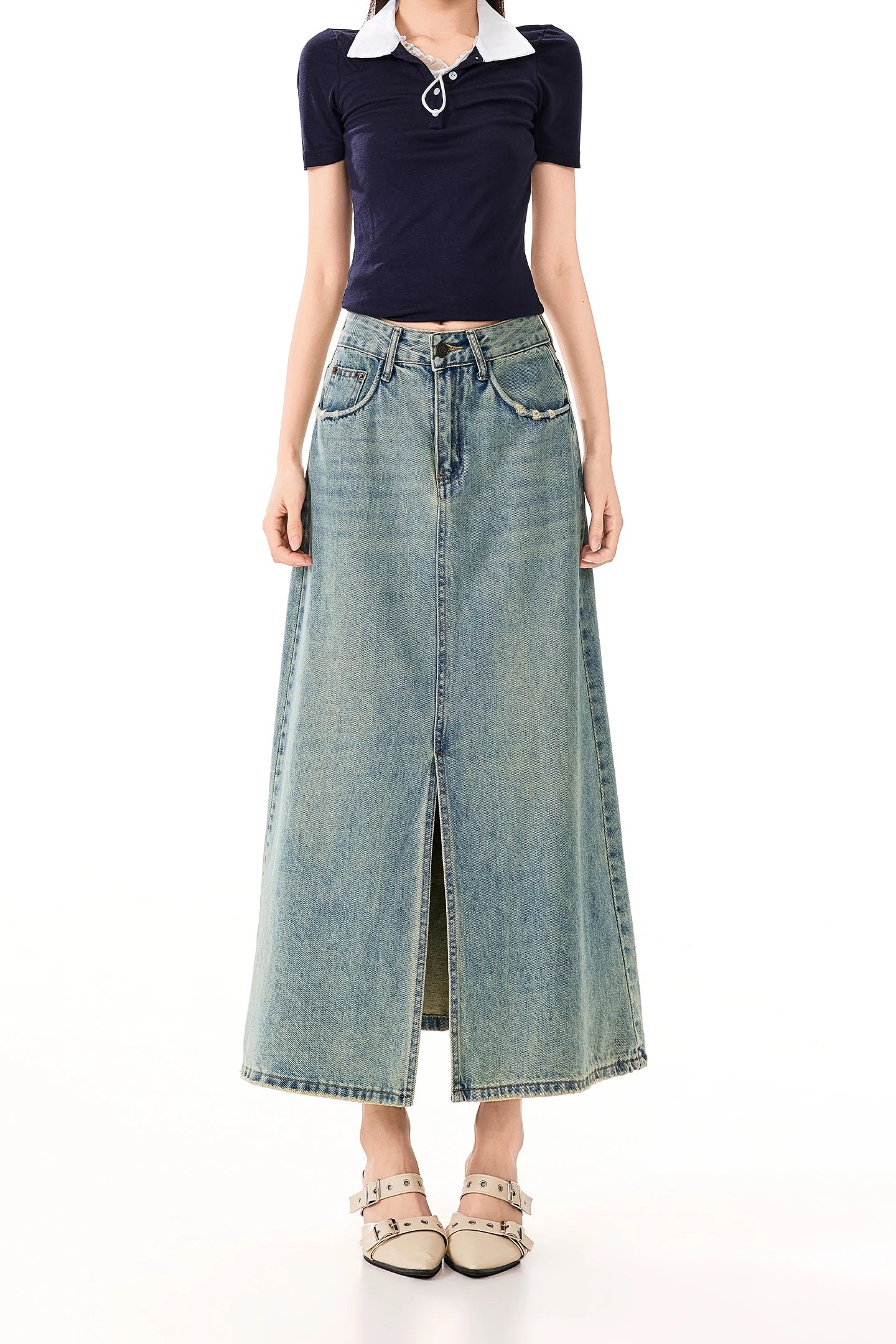 2026 Spring/Summer New American Casual Retro Denim Midi Skirt with Slit, High Waist, and Bodycon Design
