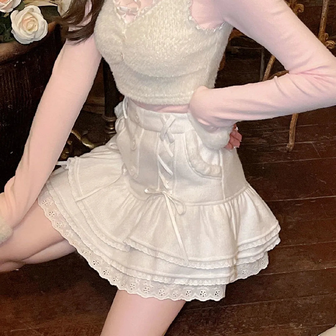 Japanese lolita kawaii clothes pink mini skirt with shorts Lace High Waist korean style women 2026 new fall White skirt fluffy