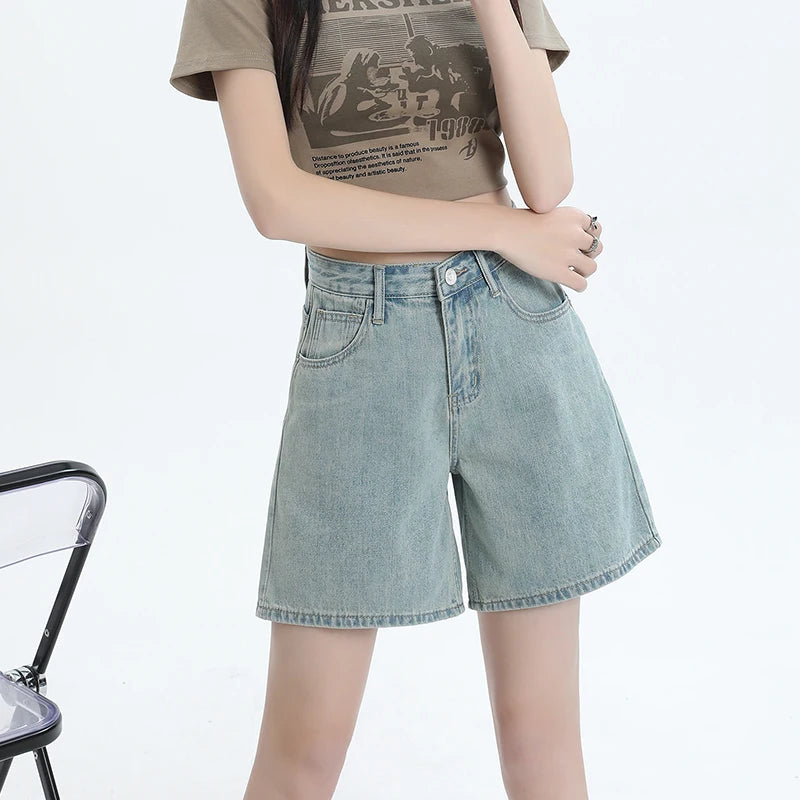 Women's Dark Blue High Waist Denim Shorts Loose Wide Leg Design Sense Niche Vintage Style