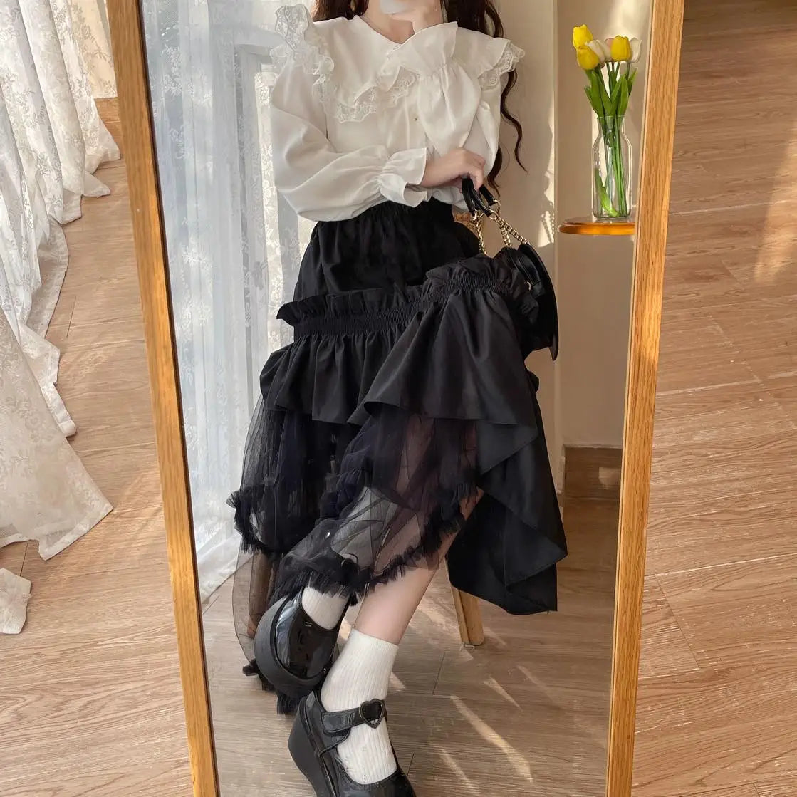 Qiukichonson Mid Long Skirt Women 2023 Patchwork Mesh Lolita Spring Summer High Waisted Ruffles Asymmetrical Maxi Skirt rok