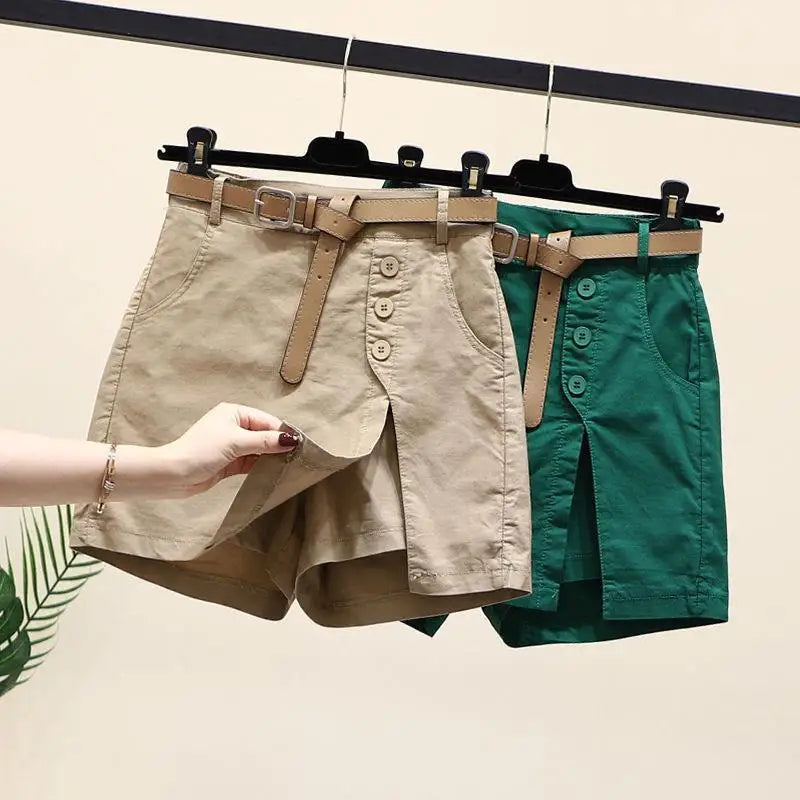 Women's Summer with Belt Cotton Shorts New Korean Joker Fashion Button High Waist A-word Pants Skirt
