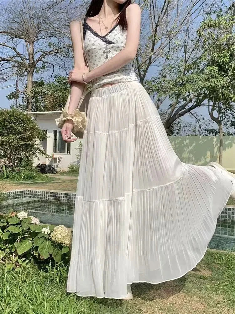 2025 Spring and Summer New pleated A-line skirt in the long high waist thin gauze skirt  Lady Girl Skirt Chic Elegant Long Skirt