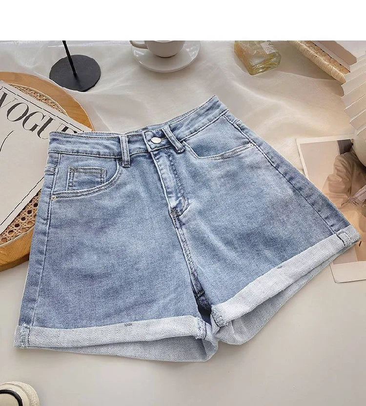 High Waist Wide Leg ort Jeans Women's Summer Loose Slimming Korean Sle A-Line Cuffed Casual Hot Pants Blue Denim