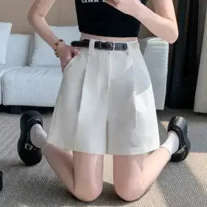 Women's Light Blue High-Waisted Pleated Suit Shorts Belted Casual Trousers with Pockets