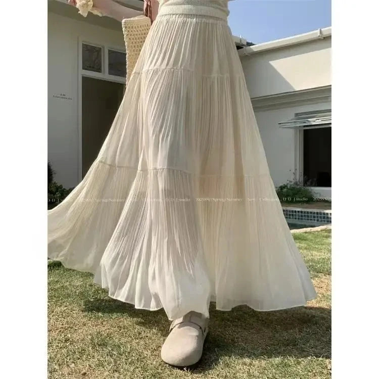 2025 Spring and Summer New pleated A-line skirt in the long high waist thin gauze skirt  Lady Girl Skirt Chic Elegant Long Skirt