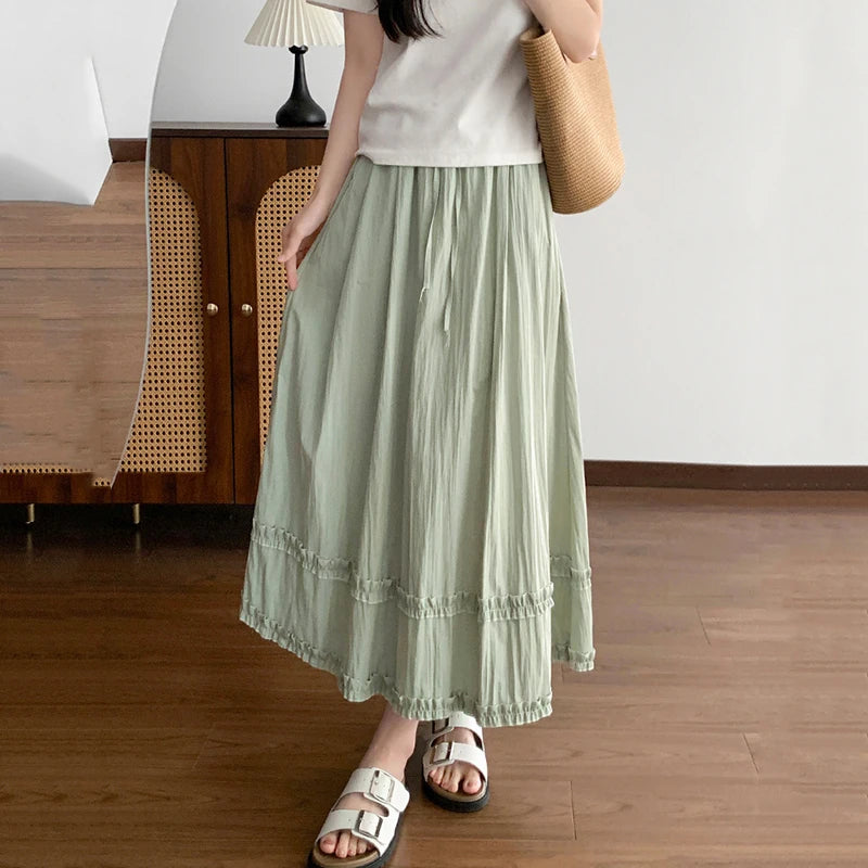 Summer Solid Color Ruffles Long Skirts Women Comfortable Elastic Waist Sweet Skirt Woman 2026 Korean Ice Silk A Line Midi Skirts