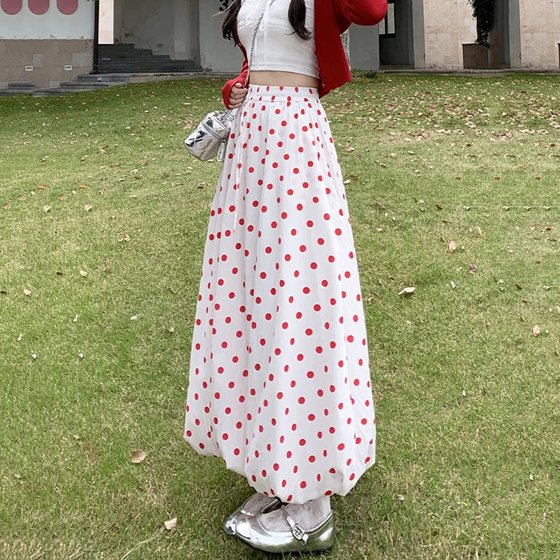 Red Wave Point Flower Bud Skirts Women Korean Elastic High Waist A Line Long Skirt Woman Japanese Summer Puffy Skirts Female