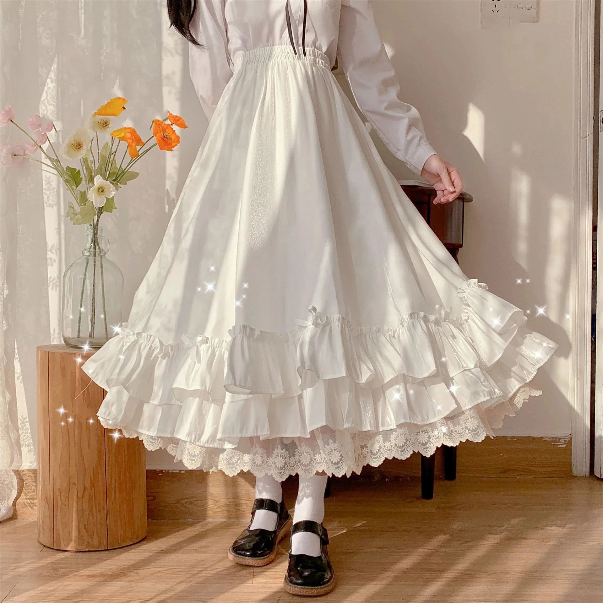 Japanese Solid Color Double Layer Vintage French Ruffled A-Line Pleated Skirt Hepburn Black Half Skirt Female White Long Skirt
