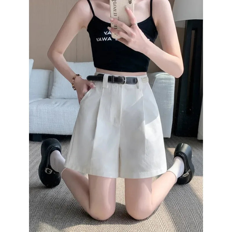 Women's Light Blue High-Waisted Pleated Suit Shorts Belted Casual Trousers with Pockets