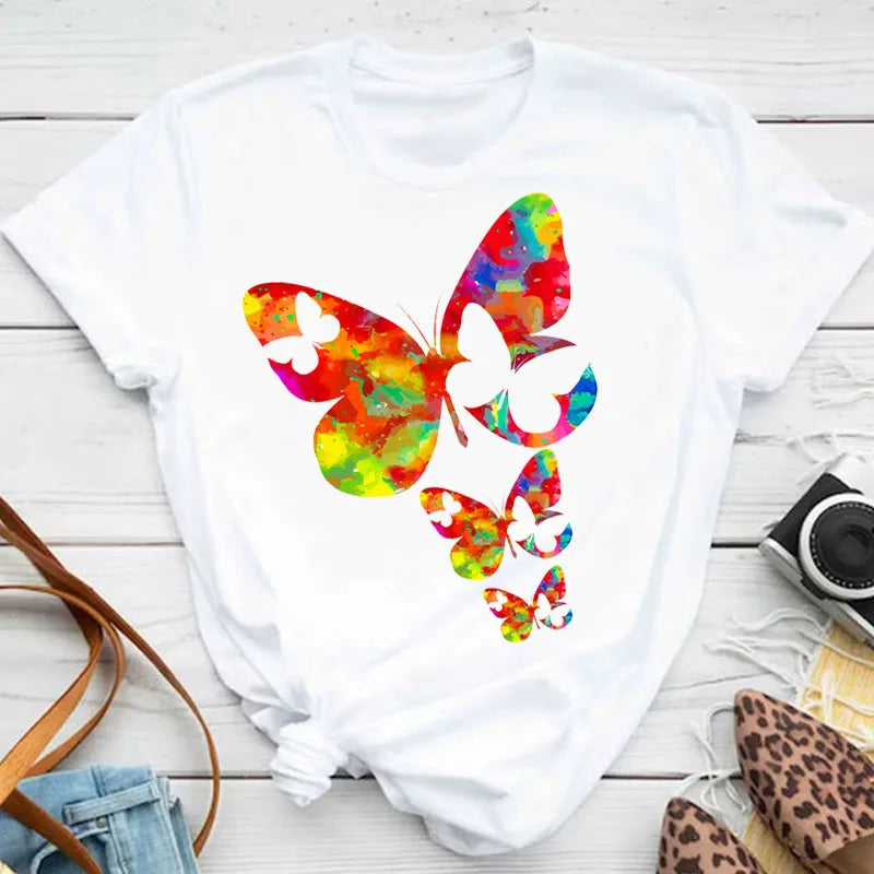 New Blue Butterfly Floral Printed T-Shirt Women's Summer Casual Short Sleeve O-neck Tops 90s Fashion Graphic Female Tops Tees