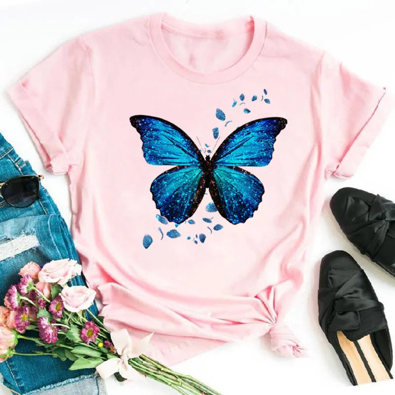 New Blue Butterfly Floral Printed T-Shirt Women's Summer Casual Short Sleeve O-neck Tops 90s Fashion Graphic Female Tops Tees