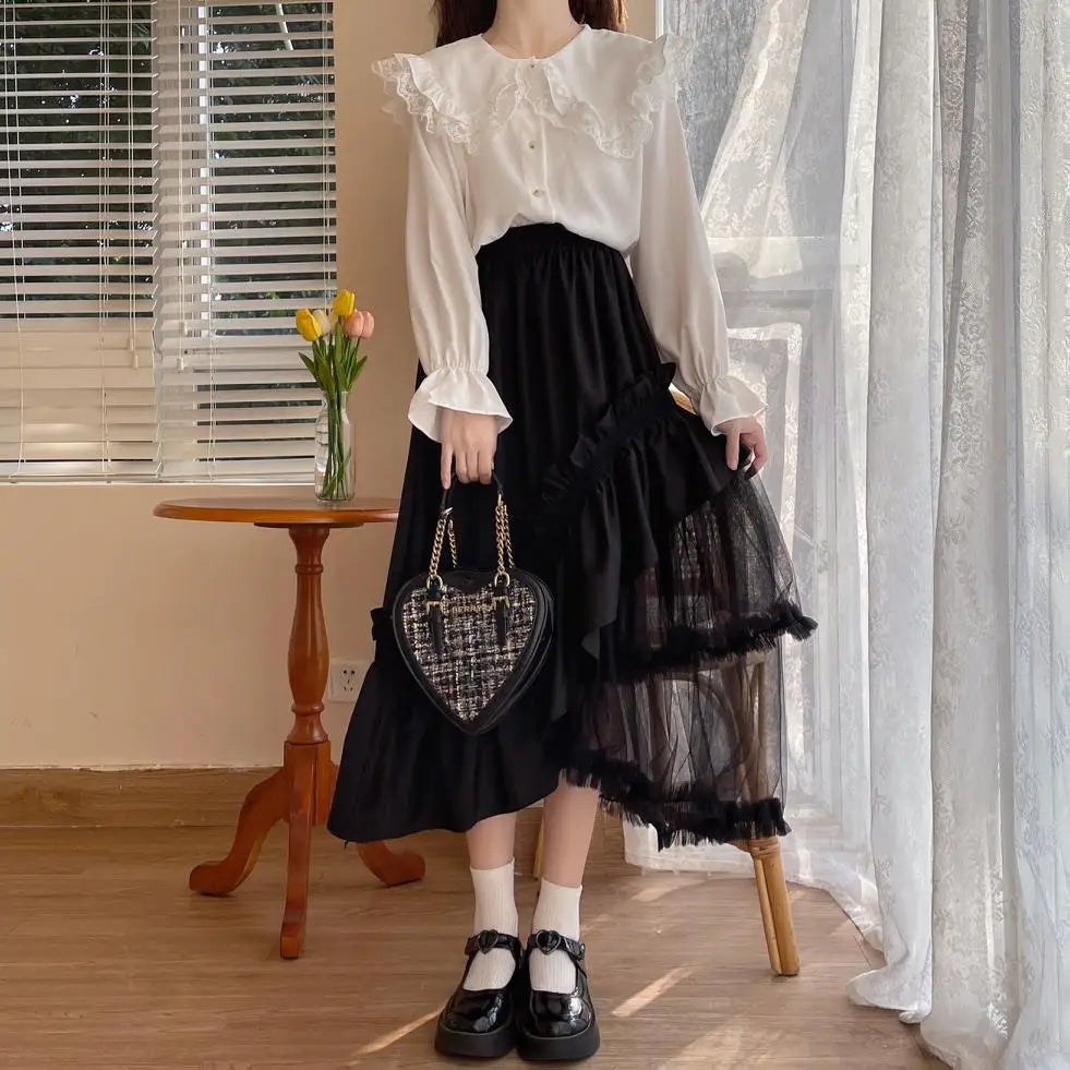 Qiukichonson Mid Long Skirt Women 2023 Patchwork Mesh Lolita Spring Summer High Waisted Ruffles Asymmetrical Maxi Skirt rok