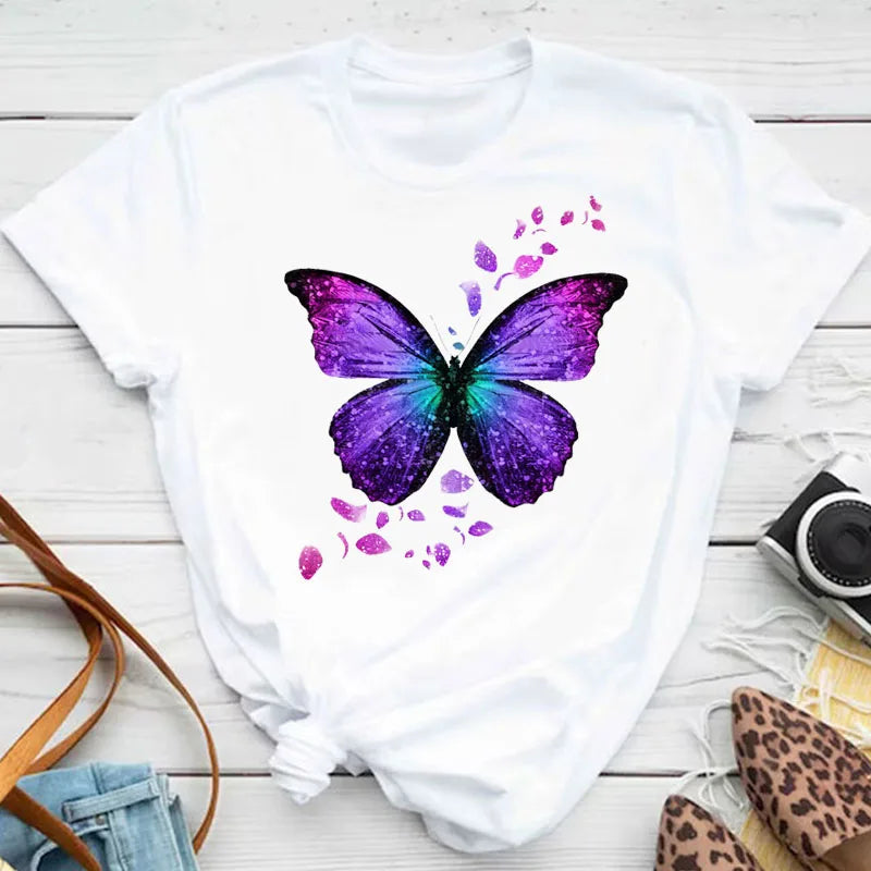 New Blue Butterfly Floral Printed T-Shirt Women's Summer Casual Short Sleeve O-neck Tops 90s Fashion Graphic Female Tops Tees