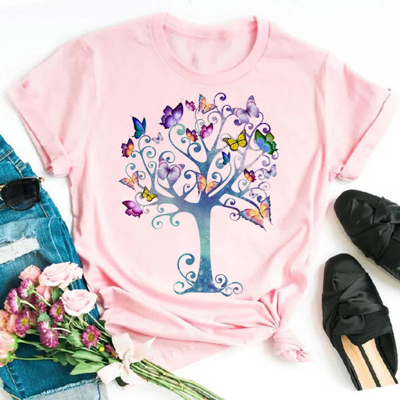 New Blue Butterfly Floral Printed T-Shirt Women's Summer Casual Short Sleeve O-neck Tops 90s Fashion Graphic Female Tops Tees