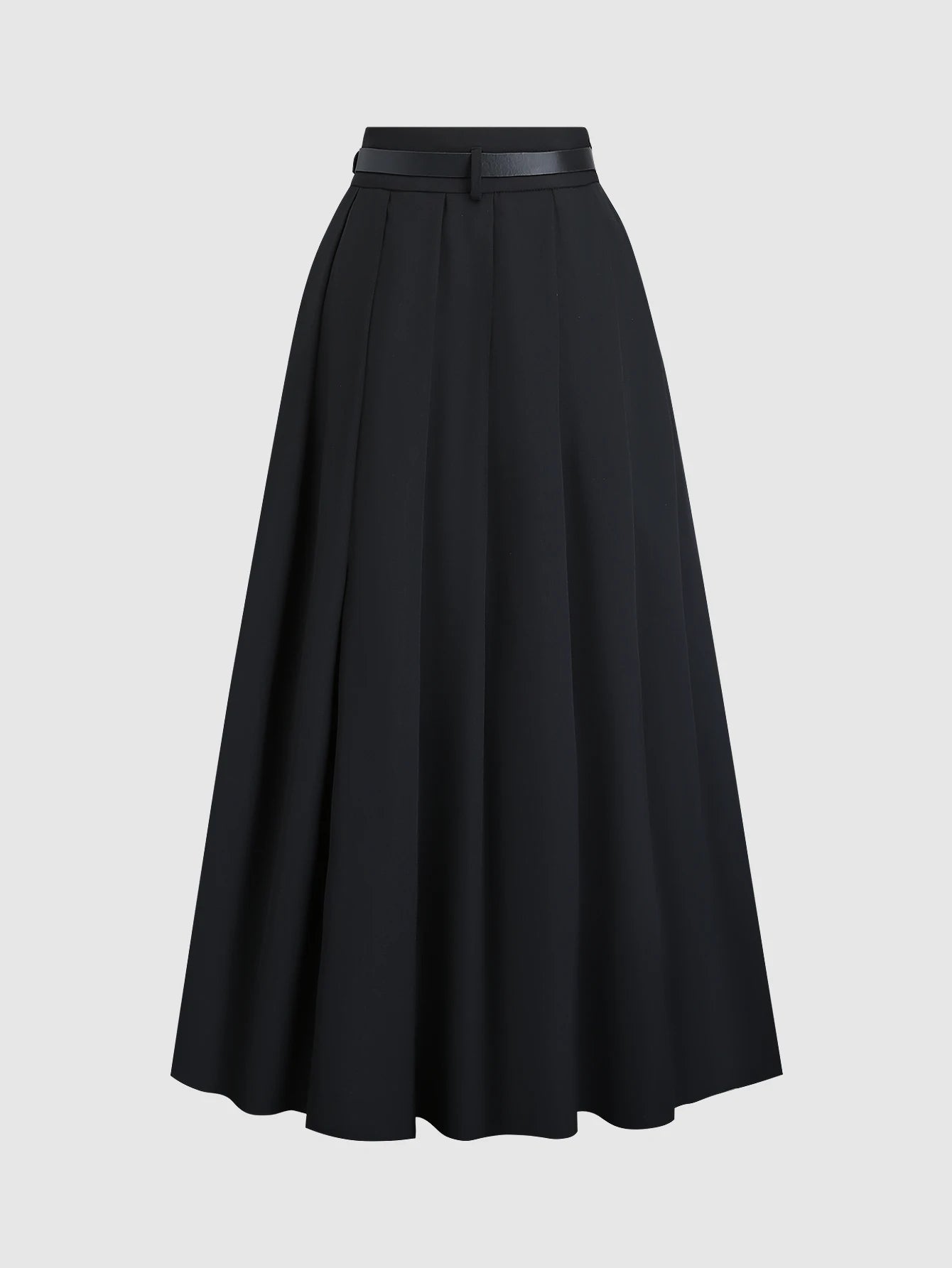 Black high waisted pleated midi skirt(with belt),Black cinched waist long pleated skirt