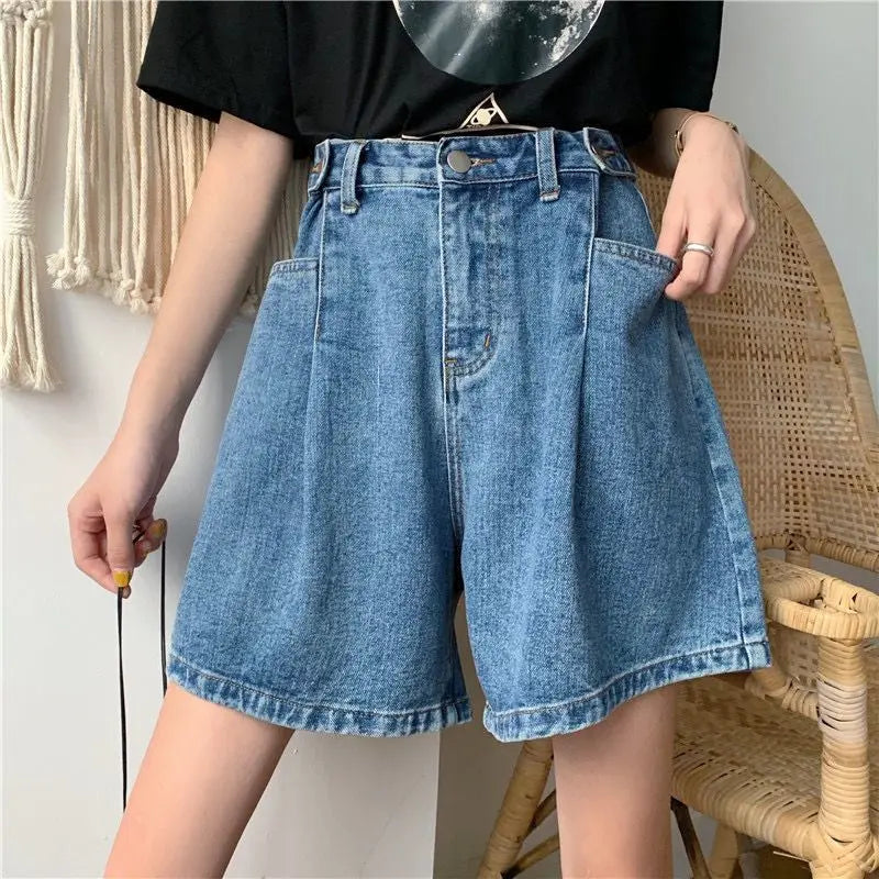 Women High Waist Denim Shorts 2024 Summer Wide Leg Straight Short Pants Vintage Streetwear Thin Female Casual Loose Jeans Shorts