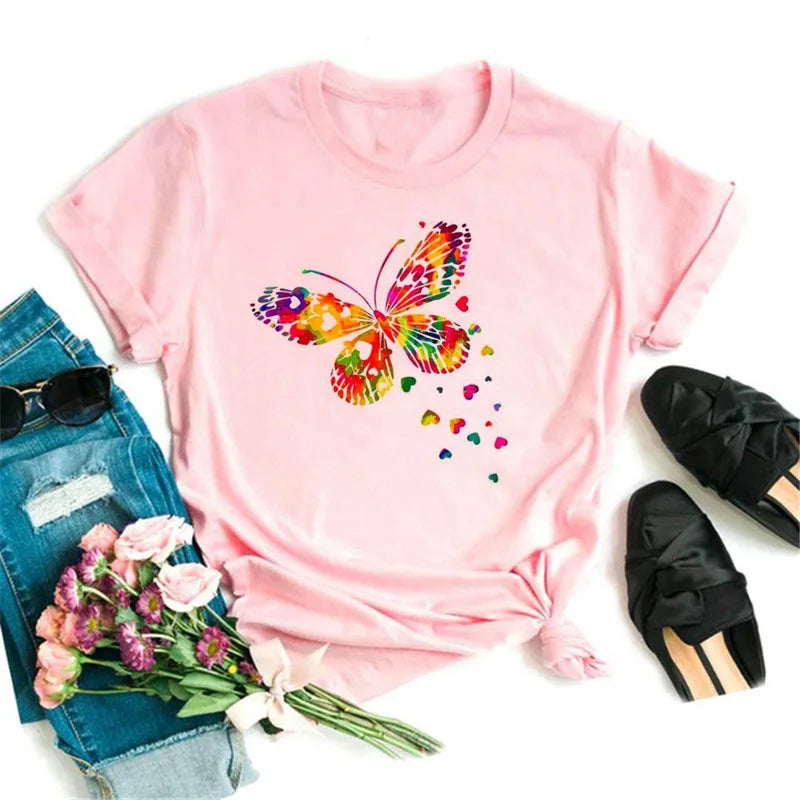 New Blue Butterfly Floral Printed T-Shirt Women's Summer Casual Short Sleeve O-neck Tops 90s Fashion Graphic Female Tops Tees