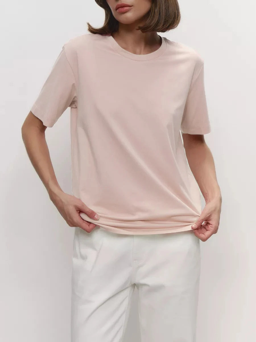 Bornladies Summer 100% Cotton Women's T-shirt Bottoming Basic Fashionable Lady Short Sleeve Loose Tops Shirts Solid 230g/㎡ Tops