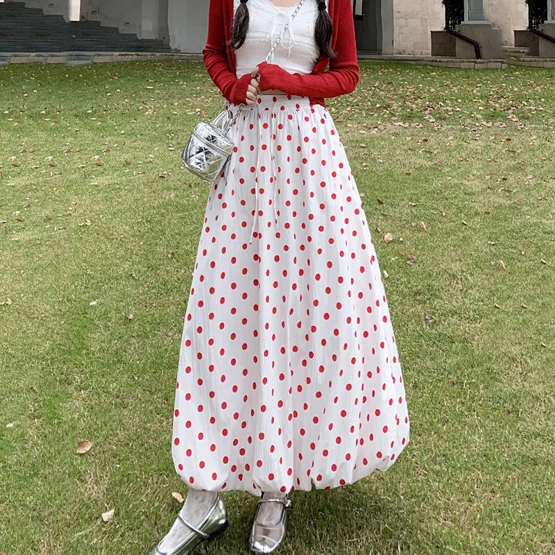 Red Wave Point Flower Bud Skirts Women Korean Elastic High Waist A Line Long Skirt Woman Japanese Summer Puffy Skirts Female