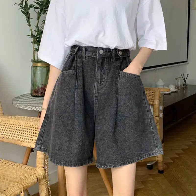 Women High Waist Denim Shorts 2024 Summer Wide Leg Straight Short Pants Vintage Streetwear Thin Female Casual Loose Jeans Shorts