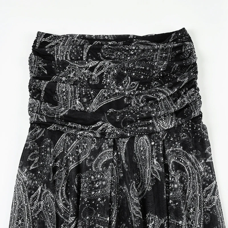 Women's Bohemian Retro Style Cashew Printed Folds With Asymmetric Hem Skirts Summer Holiday Fashion Long Mesh Loose Skirt 2026
