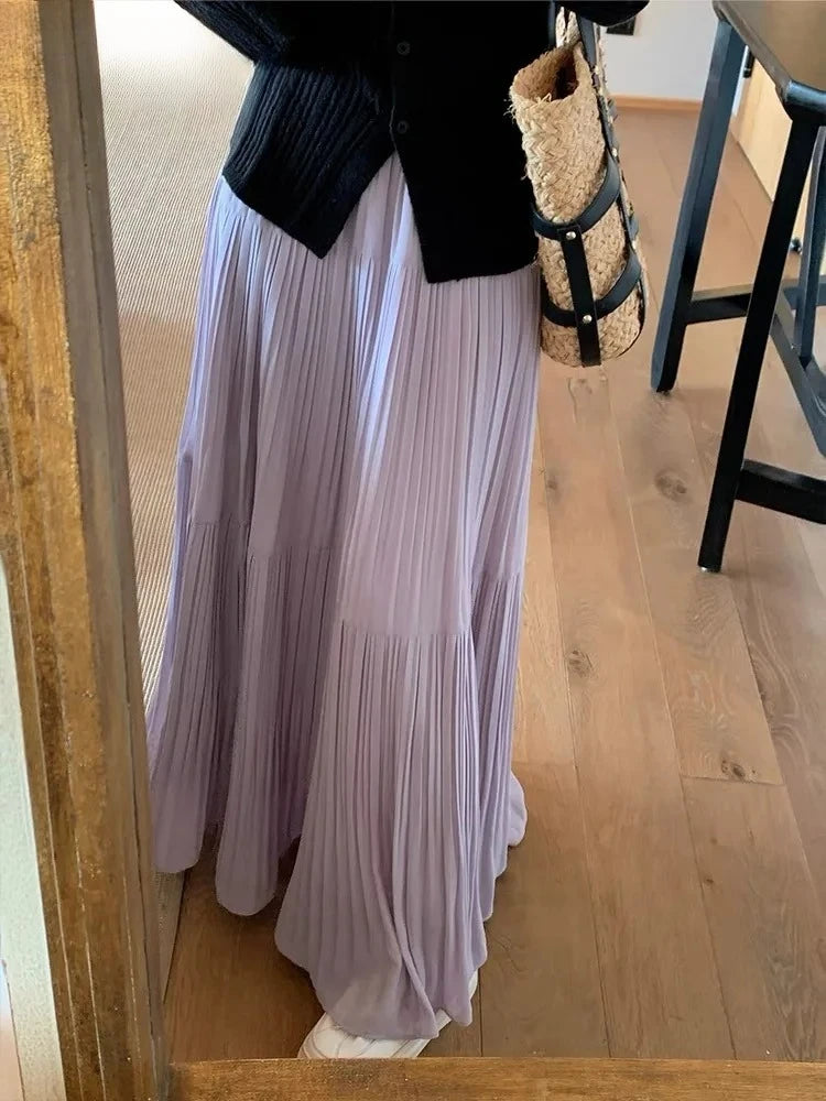 2025 Spring and Summer New pleated A-line skirt in the long high waist thin gauze skirt  Lady Girl Skirt Chic Elegant Long Skirt