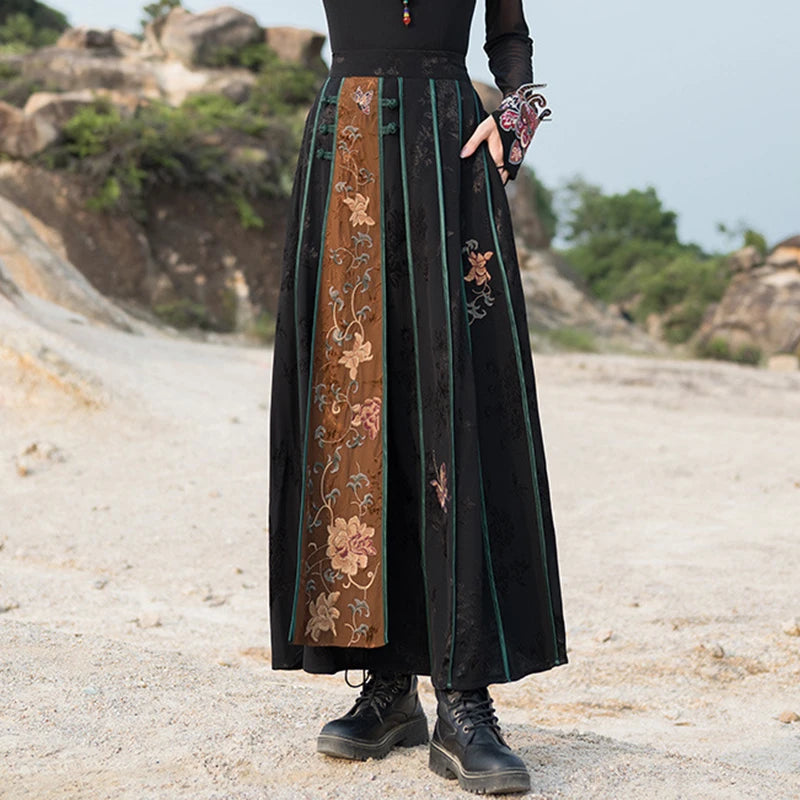 High Quality Floral Embroidery Long Skirt Women New Arrival 2025 Spring Chinese Style Vintage Ladies Elegant A-line Skirts M932