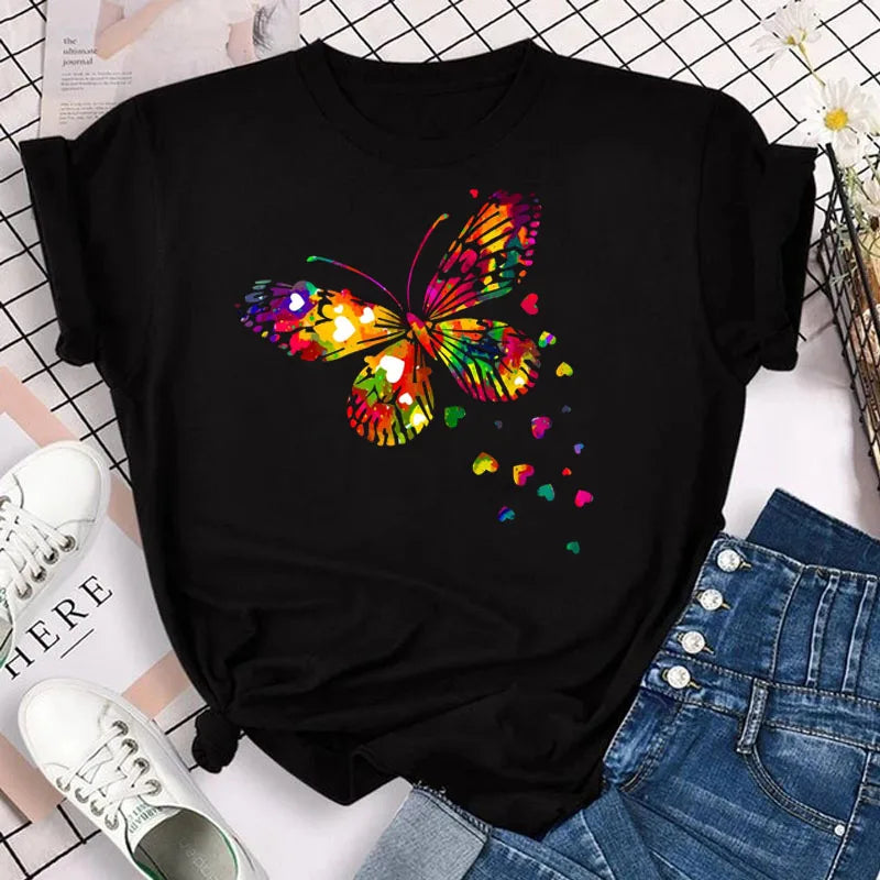 New Blue Butterfly Floral Printed T-Shirt Women's Summer Casual Short Sleeve O-neck Tops 90s Fashion Graphic Female Tops Tees