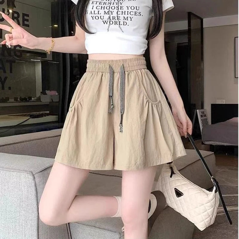 Women's Summer 2026 Thin Skirt Yoga Hot Pants Ice Silk Yamamoto Wide Leg Shorts Solid Color Pocket Lace Up Short Pants
