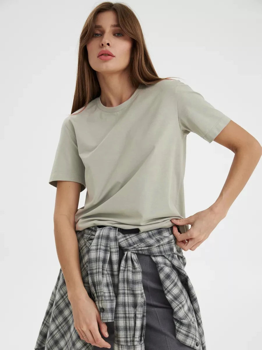 Bornladies Summer 100% Cotton Women's T-shirt Bottoming Basic Fashionable Lady Short Sleeve Loose Tops Shirts Solid 230g/㎡ Tops