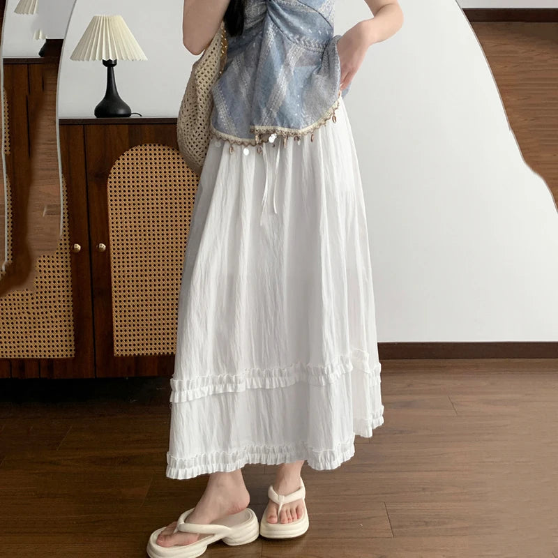 Summer Solid Color Ruffles Long Skirts Women Comfortable Elastic Waist Sweet Skirt Woman 2026 Korean Ice Silk A Line Midi Skirts