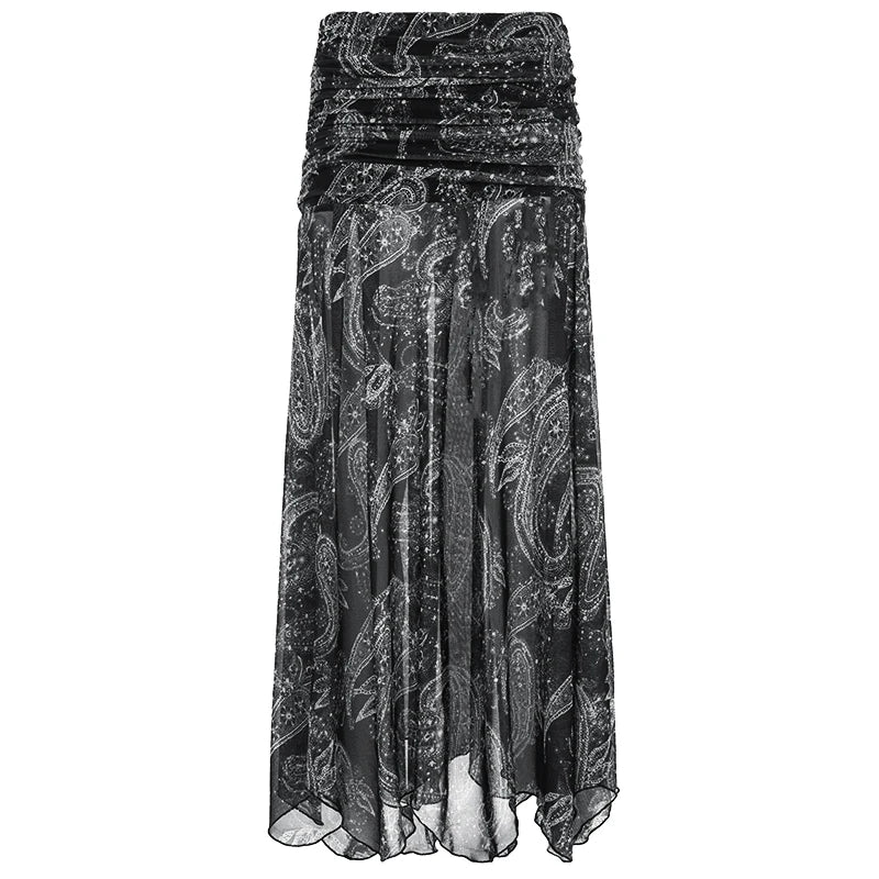 Women's Bohemian Retro Style Cashew Printed Folds With Asymmetric Hem Skirts Summer Holiday Fashion Long Mesh Loose Skirt 2026