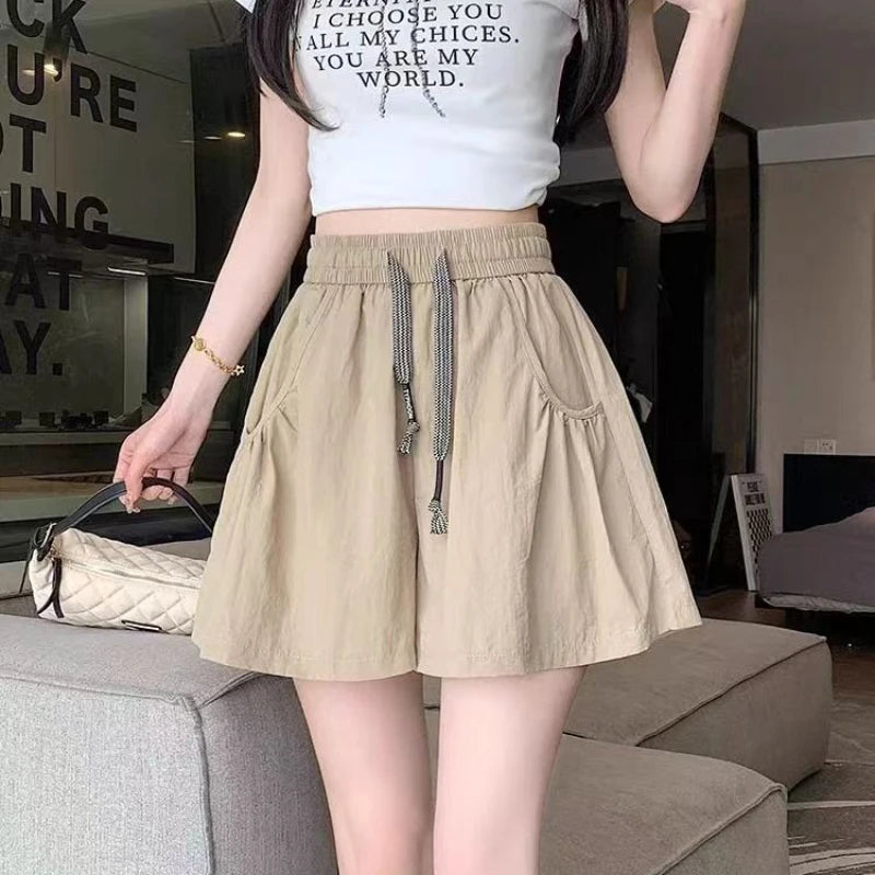 Women's Summer 2026 Thin Skirt Yoga Hot Pants Ice Silk Yamamoto Wide Leg Shorts Solid Color Pocket Lace Up Short Pants