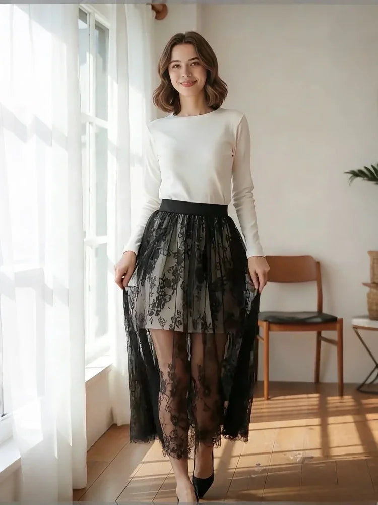 Underskirt Mini Skirt False Skirt Tail Blouse Hem Shirt Extender Women Short Petticoat  Korean Fashion Black White Lace Skirt