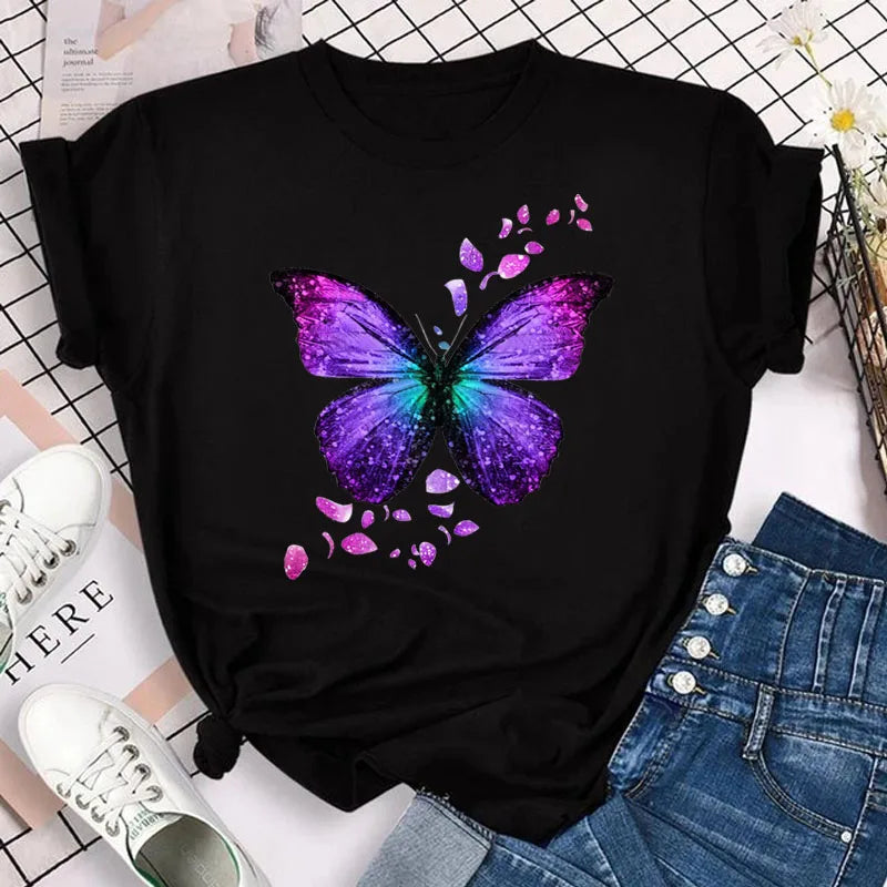 New Blue Butterfly Floral Printed T-Shirt Women's Summer Casual Short Sleeve O-neck Tops 90s Fashion Graphic Female Tops Tees