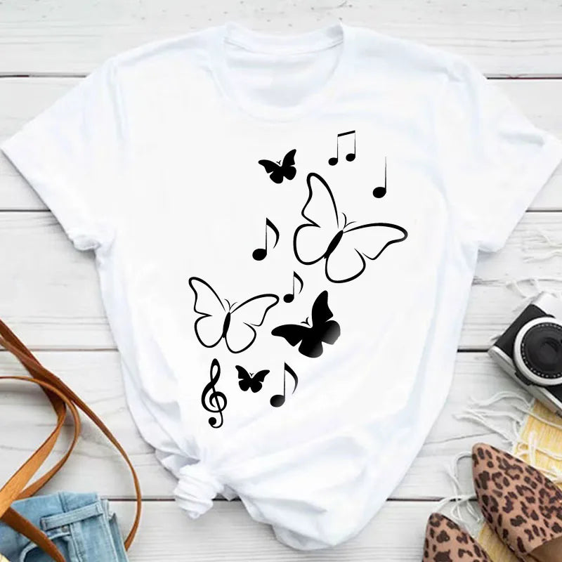 New Blue Butterfly Floral Printed T-Shirt Women's Summer Casual Short Sleeve O-neck Tops 90s Fashion Graphic Female Tops Tees