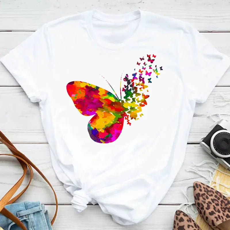 New Blue Butterfly Floral Printed T-Shirt Women's Summer Casual Short Sleeve O-neck Tops 90s Fashion Graphic Female Tops Tees