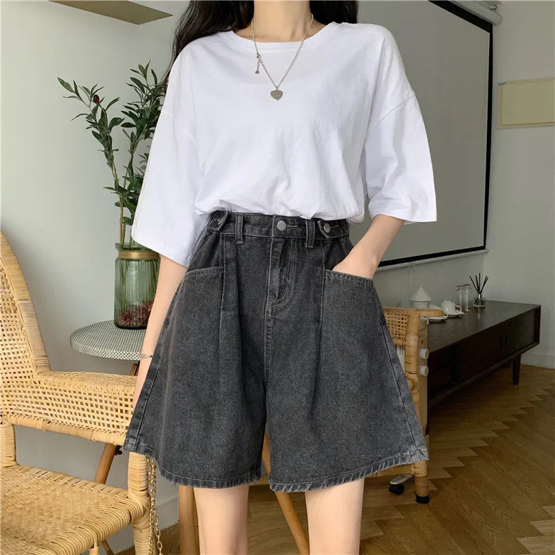 Women High Waist Denim Shorts 2024 Summer Wide Leg Straight Short Pants Vintage Streetwear Thin Female Casual Loose Jeans Shorts