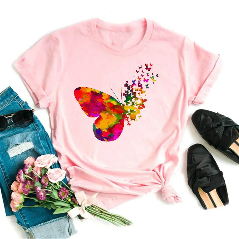 New Blue Butterfly Floral Printed T-Shirt Women's Summer Casual Short Sleeve O-neck Tops 90s Fashion Graphic Female Tops Tees