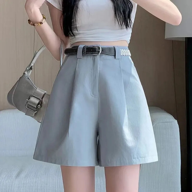 Women's Light Blue High-Waisted Pleated Suit Shorts Belted Casual Trousers with Pockets
