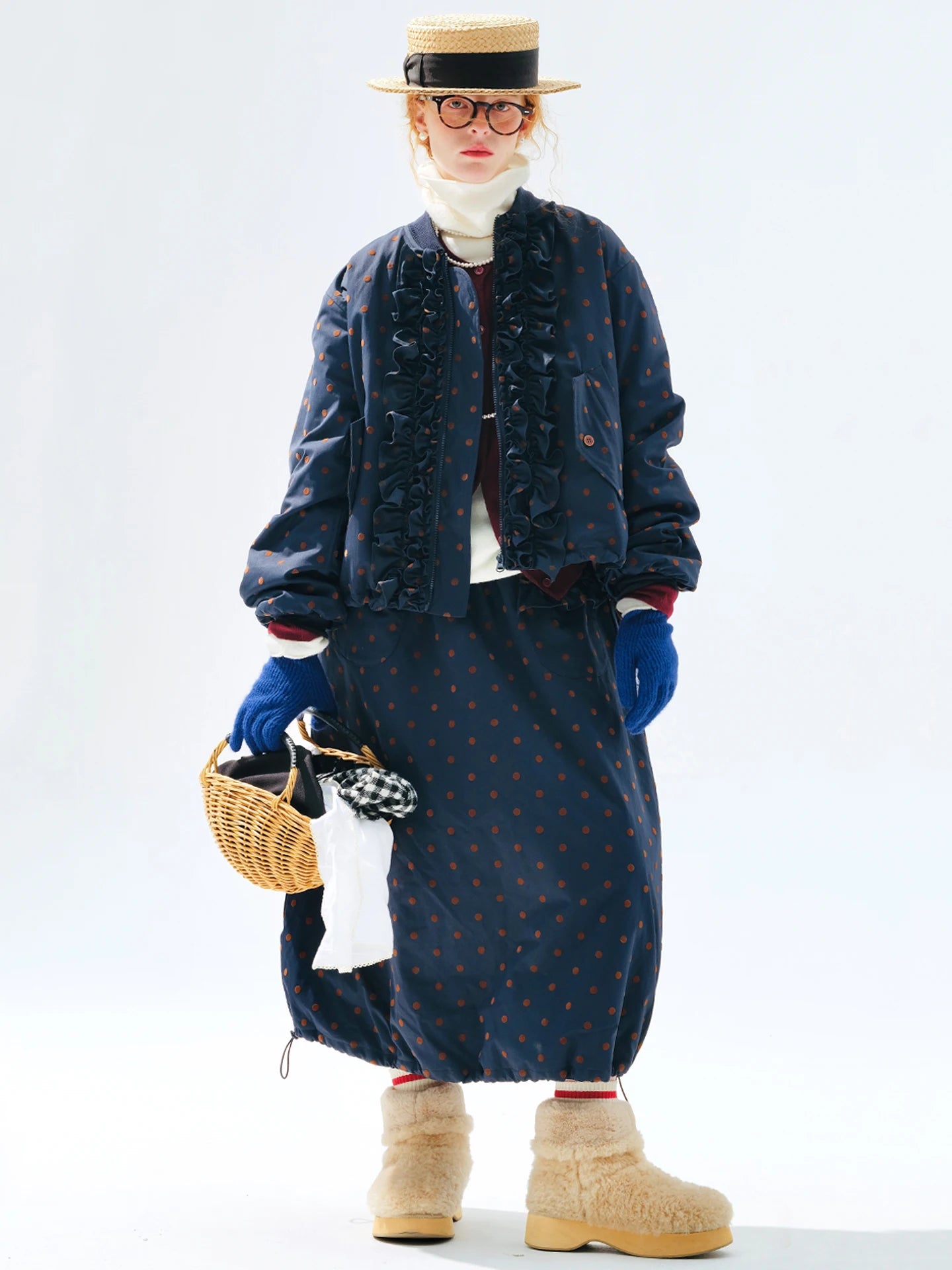 Blue A-Line Vintage Polka Dot Cotton Skirt | imakokoni 2025 Winter - Commuting Casual All-Match Warm Midi Skirt 255282