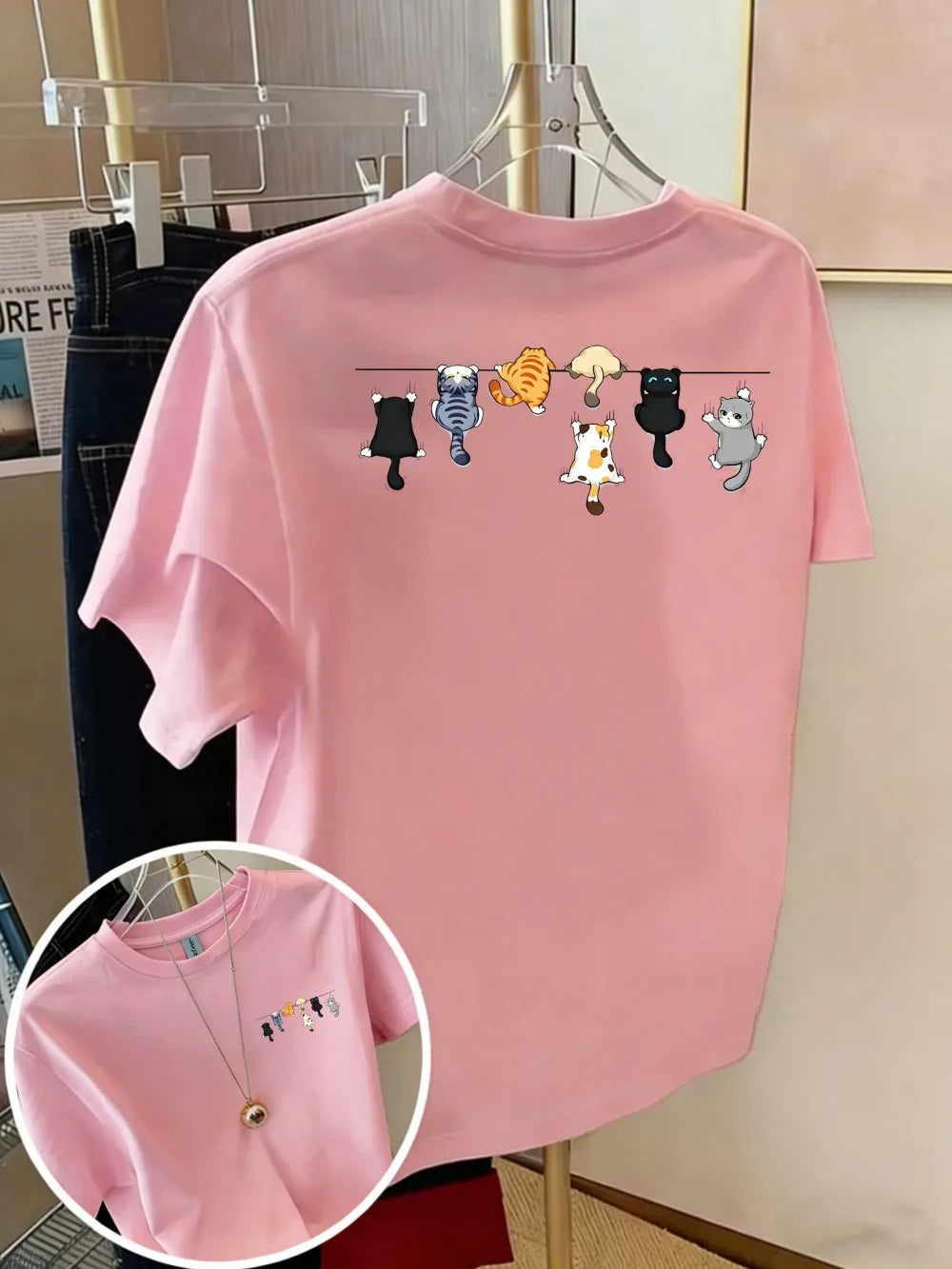 Cartoons Cats Prints T-Shirts Summer Womens Cotton T Shirts Basic O-Neck Oversized Short Sleeve Tops Casual Street Woman Clothes
