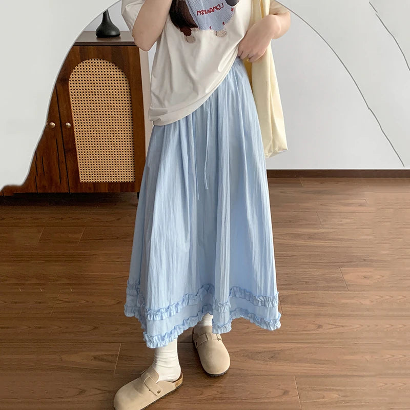 Summer Solid Color Ruffles Long Skirts Women Comfortable Elastic Waist Sweet Skirt Woman 2026 Korean Ice Silk A Line Midi Skirts