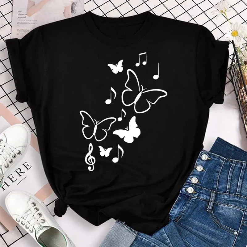 New Blue Butterfly Floral Printed T-Shirt Women's Summer Casual Short Sleeve O-neck Tops 90s Fashion Graphic Female Tops Tees