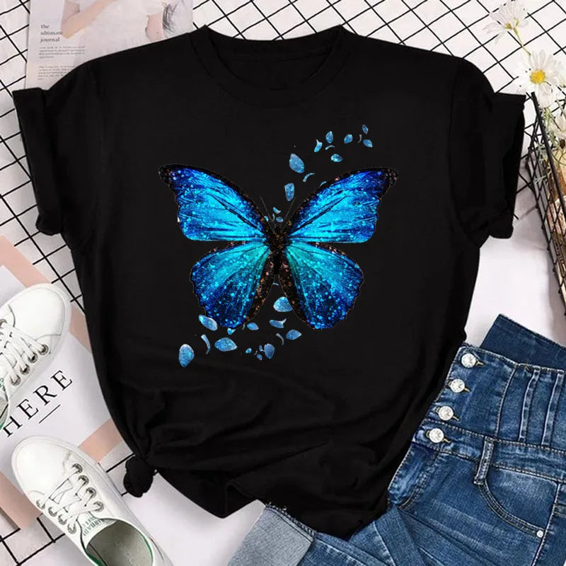 New Blue Butterfly Floral Printed T-Shirt Women's Summer Casual Short Sleeve O-neck Tops 90s Fashion Graphic Female Tops Tees
