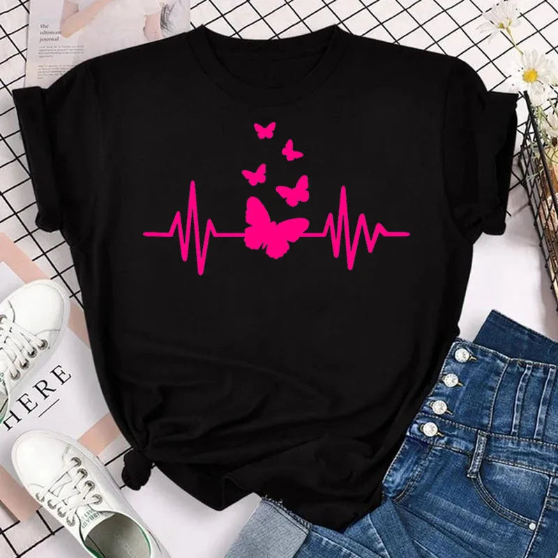 New Blue Butterfly Floral Printed T-Shirt Women's Summer Casual Short Sleeve O-neck Tops 90s Fashion Graphic Female Tops Tees